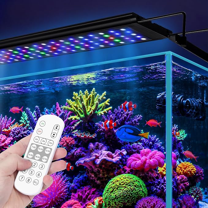 24W LED Saltwater Aquarium Light, Marine Reef Lights for Coral with White, Blue, Cyan, UV Violet LEDs Dimmer 7/24 Timer for SPS/LPS Corals Fish Tanks(12-18in)