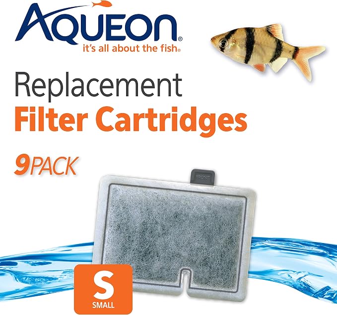 Aqueon Genuine Aquarium Fish Tank Replacement Filter Cartridges Small - 9 Pack | Aquarium filter media with activated carbon, dual-sided dense floss, fits QuietFlow E 10 and MiniBow 1, 2.5, 5
