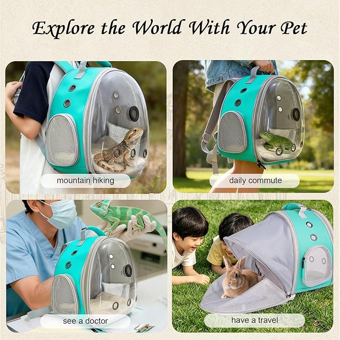 Back Extention Bearded Dragon Travel Backpack Carrier with Reptile Thermometer and Humidity Gauge Lizard Travel Cage Space Capsule Clear Bubble Window Astronaut Reptile Carrier Bag for Ball Python