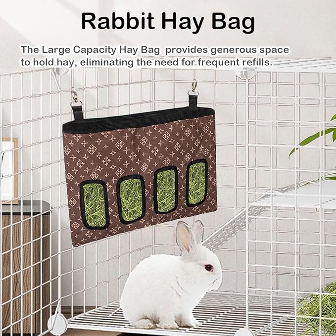 Rabbit Hay Feeder Bag, Large Capacity Rabbit Hay Bag Small Animal Hanging Hay Bag 600D Oxford Cloth Bunny Hay Feeder Bag for Rabbits Guinea Pigs Chinchillas (Brown-4 Holes-1Pcs)