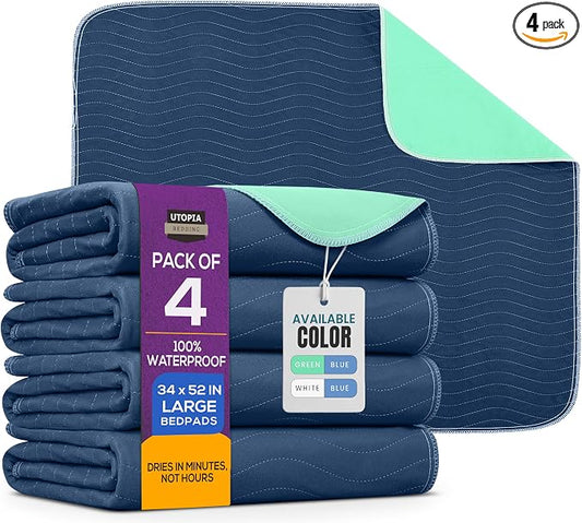 Utopia Bedding Washable Pee Pads for Dogs 34" x 52" (Pack of 4), Waterproof Incontinence Bed Pads for Adults, Elderly and Kids, Heavy Absorbency Pet Training Pads for Sofa and Couch (Navy, Green)
