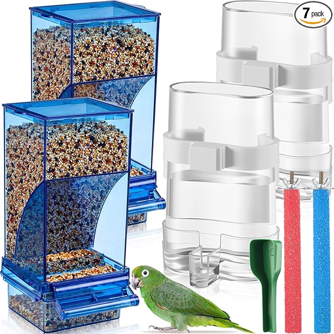 Novabright 7 Pcs No Mess Bird Feeder Water Dispenser Set Include Automatic Parakeet Feeder and Drinker with Bird Paw Grinding Stick Cage Accessories for Small Medium Cockatiel Lovebird(Classic,Blue)
