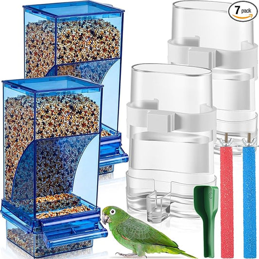 Novabright 7 Pcs No Mess Bird Feeder Water Dispenser Set Include Automatic Parakeet Feeder and Drinker with Bird Paw Grinding Stick Cage Accessories for Small Medium Cockatiel Lovebird(Classic,Blue)
