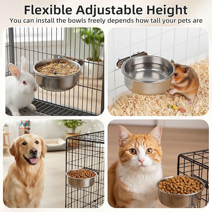Pet Cage Bowls, 2 Pack Stainless Steel Pet Hanging Bowl, Bird Food Water Bowl for Cage, Crate Dog Bowl, Parrot Feeding Cups for Chinchilla Finches Puppy Cat Rabbit Guinea Pig