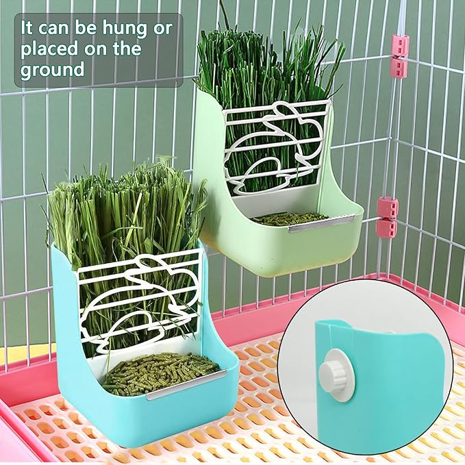 Rabbit Feeder, Hay Food Bin Feeder, Adjustable,Removable Grass Rack, Stainless Steel Edge, for Rabbit, Guinea Pig, Chinchilla (Blue)