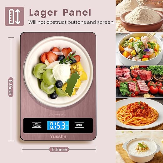 Yusshn Digital Kitchen Scale - Precision Food Scale for Cooking & Baking (1g/0.05oz Accuracy) - Waterproof Stainless Steel with LCD Display, Batteries Included - Weight in Grams & oz (Rose Gold)
