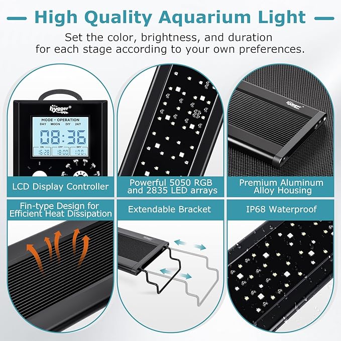 hygger 18W Aquarium Light, 24/7 & DIY Mode Fish Tank Light with Timer, IP68 Waterproof Full Spectrum, 8 Colors, 10 Brightness Day & Night Cycle Memory Function for 12-18 Inch Tank
