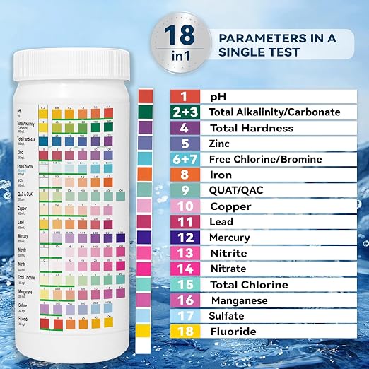 All-New 18 in1 Drinking Water Test Kit-125 Water Quality Test Strips | for Well Tap Test Kit Water Testing Strips for Home Drinking Water Testing,Hardness,Chlorine, Lead,Iron, Copper,Fluoride