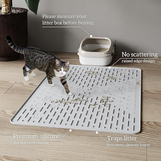OHMO Cat Litter Mat XXL Trapping Mat Premium Silicone Rubber 37.5x25.2 Ash Grey, Waterproof and BPA Free Kitty Litter Box Mat, Easy to Clean and Keeps the Floor Tidy