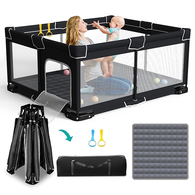 ICAREWAY Foldable Playpen for Babies and Toddlers, 71x59 Inches Portable Playpen, Kids Collapsible Play Pen with 2 Handlers, Indoor & Outdoor Baby Play Area with Visible Mesh (Black)
