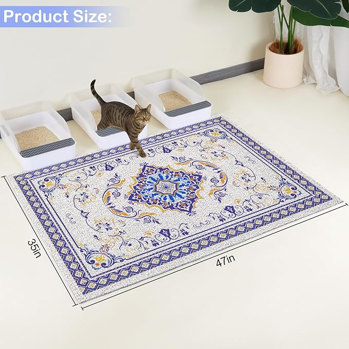 Glittme Cat Litter Mat with Non-Slip Bottom Litter Box Mat 47"X35" Litter Trapping Mat Easy to Clean Washable Cat Food Mat for Kitty,XXL