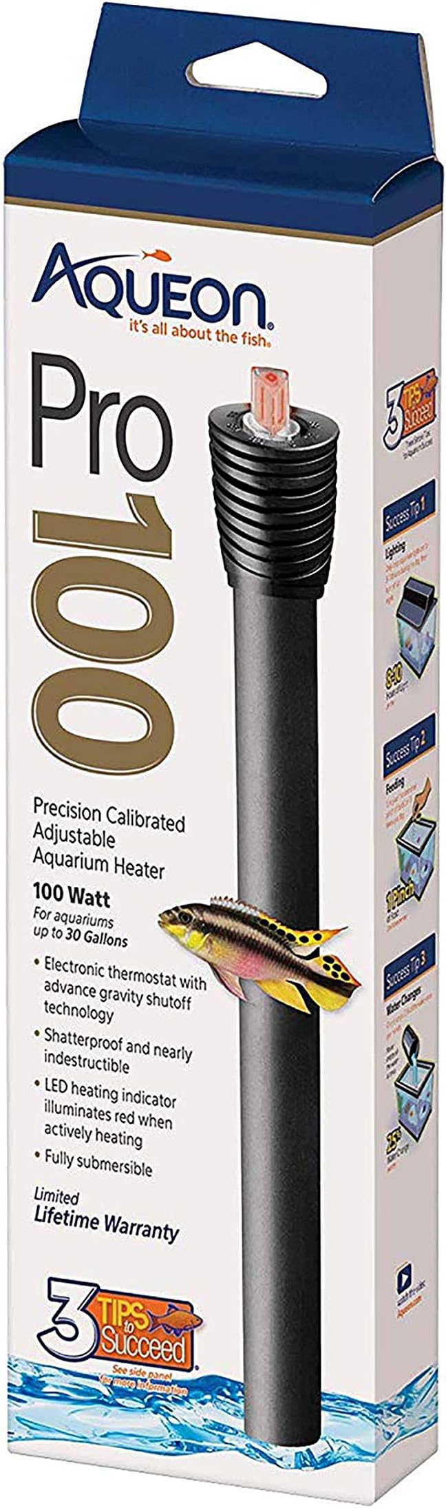 Aqueon Pro 100 Submersible Aquarium Fish Tank Heater, 100 Watts, for Up to 30 Gallon Fish Tanks | 100W aquarium heater, adjustable 68 to 88°F, auto shut-off, for fresh and saltwater aquariums