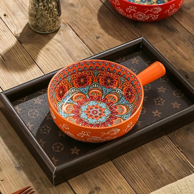 Bohemian Ceramic Soup Bowl with Handle – 23oz Spaghetti Bowl, 8.66" Length – Wide and Shallow for Soup, Colorful Floral Interior – Microwave & Dishwasher Safe Pasta Salad Dish Red