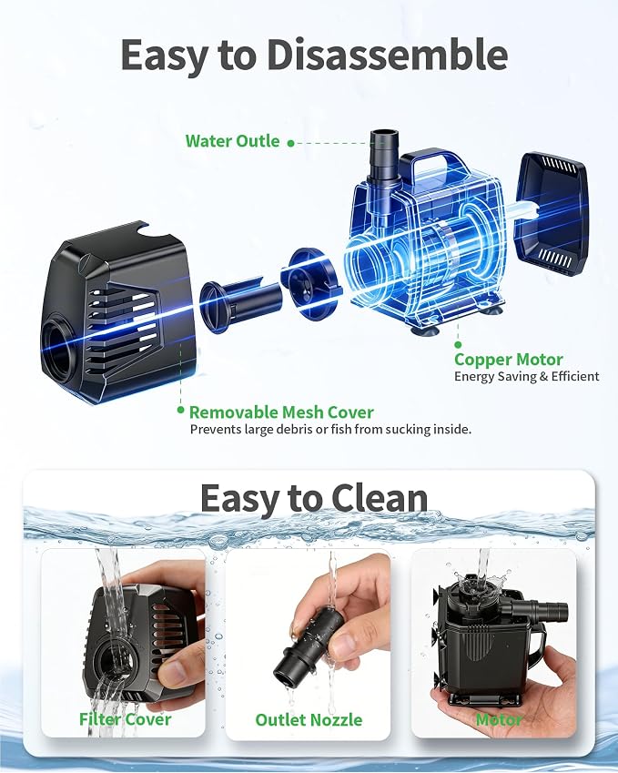 880GPH Submersible Pump(3200L/H, 85W), Ultra Quiet Fountain Pump with Over Heating Protection & Filter Sponge 10.5ft High Lift for Pond, Fish Tank, Aquarium, Hydroponics, Waterfall Q105