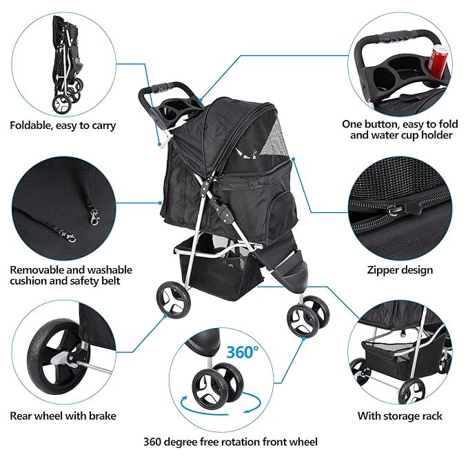 3 Wheels Dog Stroller, Pet Strolling Cart with Skylight Storage Basket Cup Holder Storage Tray, Animal Carrier for Medium Small Dogs and Cats, Easy Walk