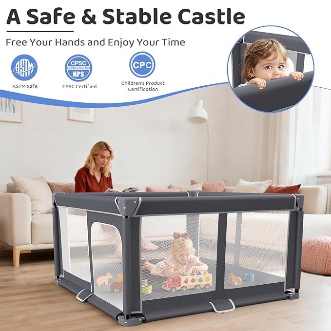 Foldable Baby Playpen with Mat, 50"x50" Safety Play Yard for Babies & Toddlers - Indoor & Outdoor Use with Carry Bag - Collapsible, Portable Play Yard, Dark Gray