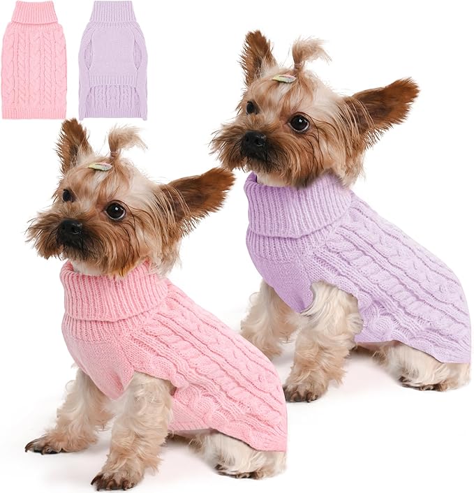 2 Pack Dog Sweaters for Small Dogs Winter Turtleneck Pullover Cable Knit Fleece Stretch Puppy Doggie Chihuahua Toy Poodle Yorkie Pomeranian Boy Girl Pet Clothes (XS, Pink & Purple)