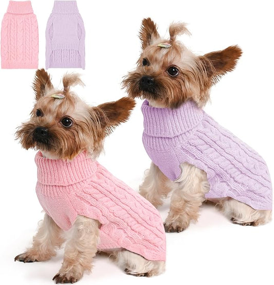 2 Pack Dog Sweaters for Small Dogs Winter Turtleneck Pullover Cable Knit Fleece Stretch Puppy Doggie Chihuahua Toy Poodle Yorkie Pomeranian Boy Girl Pet Clothes (XS, Pink & Purple)