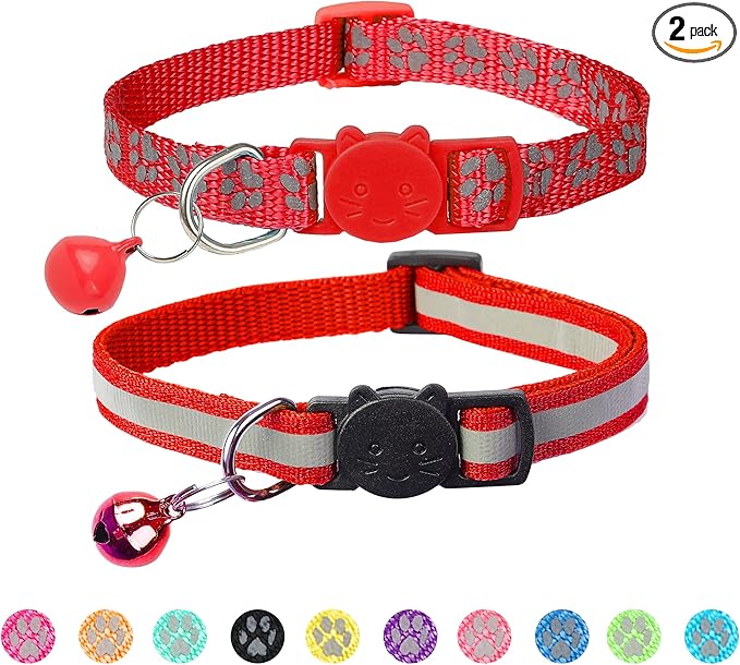 BANMODER 2 Pack Reflective Cat Collar Breakaway with Bell,Personalized Kitten Collars,Adjustable Safety Buckle Collar for Male Cats Girls & Boys (Red)