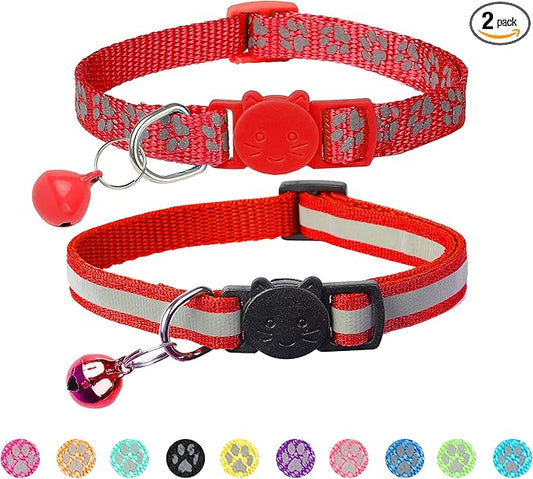 BANMODER 2 Pack Reflective Cat Collar Breakaway with Bell,Personalized Kitten Collars,Adjustable Safety Buckle Collar for Male Cats Girls & Boys (Red)