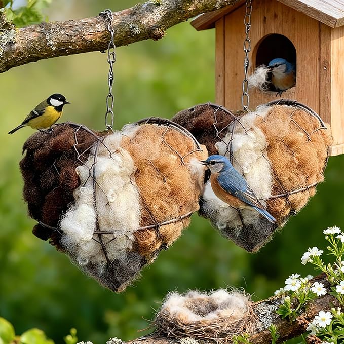 Handmade Fiber Bird Nesting Heart, Alpaca Wool Bird Nest for Outdoor Hanging, Natural Warm Hummingbird House Alternative, Bird Accessories for Garden Trees, Bird Houses for Outside(2Set)