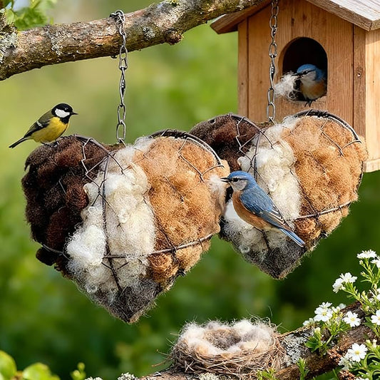 Handmade Fiber Bird Nesting Heart, Alpaca Wool Bird Nest for Outdoor Hanging, Natural Warm Hummingbird House Alternative, Bird Accessories for Garden Trees, Bird Houses for Outside(2Set)