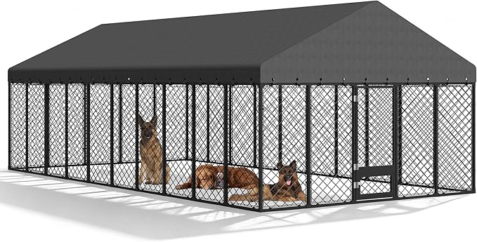 10x20FT Outdoor Dog Kennel with Roof, Extra Large Heavy Duty Metal Dog Enclosure for Multiple Dogs, Secure Playpen with Lockable Gate & Feeding Door, Weather-Resistant Fence Run