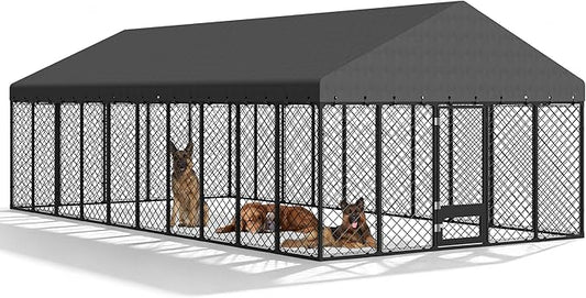 10x20FT Outdoor Dog Kennel with Roof, Extra Large Heavy Duty Metal Dog Enclosure for Multiple Dogs, Secure Playpen with Lockable Gate & Feeding Door, Weather-Resistant Fence Run