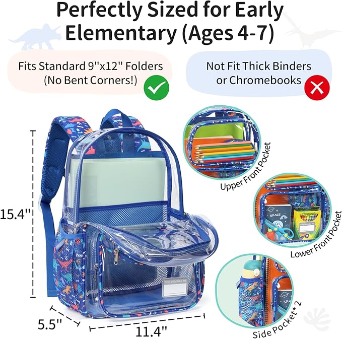 Clear Backpack for Boys, 15 Inch Heavy Duty Transparent Bookbag for Kindergarten to 2nd Grade, PVC See Through Daypack with Reflective Straps, Fits Standard Folders, Blue Dinosaur