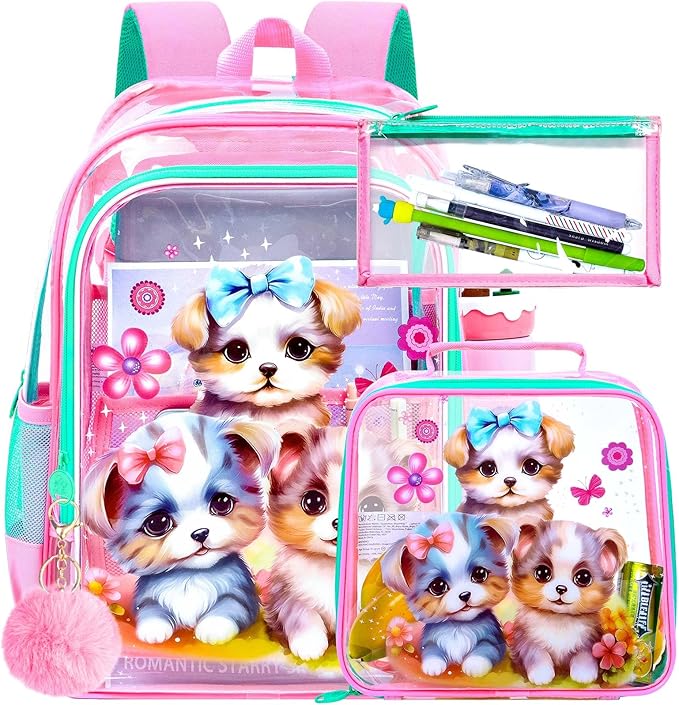 Clear Backpack for Girls and Boys, Kids Transparent Bookbag, 3PCS Cute See Through School Bag for Elementary Prechool