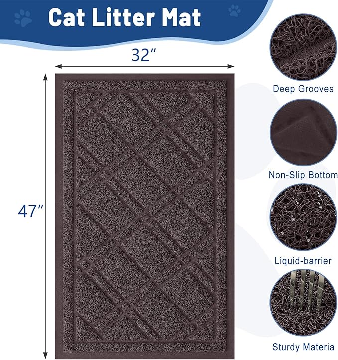 Smiry Cat Litter Box Mat 47x32, Non-Slip Water Resistant Litter Trapping Mat, Easy Clean Less Waste and Urine-Locking Cat Carpet for Indoor, Brown