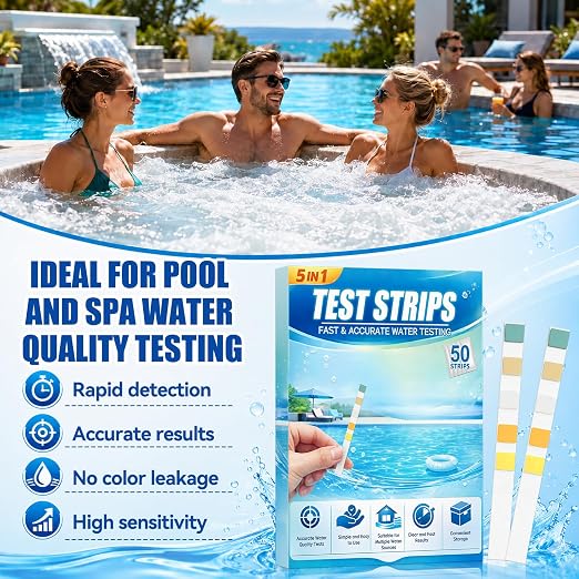 5 in 1 Pool Test Strips, for Water Pool & Hot Tub & Spa & Swimming Pools | Accurate Water Tester, Test for pH, Alkalinity, Free Chlorine,Total Chlorine &Hardness 50 Strips