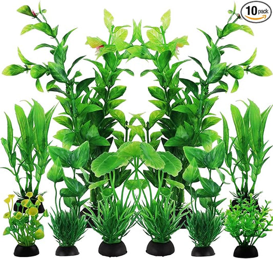 PietyPet Fish Tank Accessories Green Plants, 10pcs Green Fish Tank Decorations, Aquarium Decor Plastic Plants