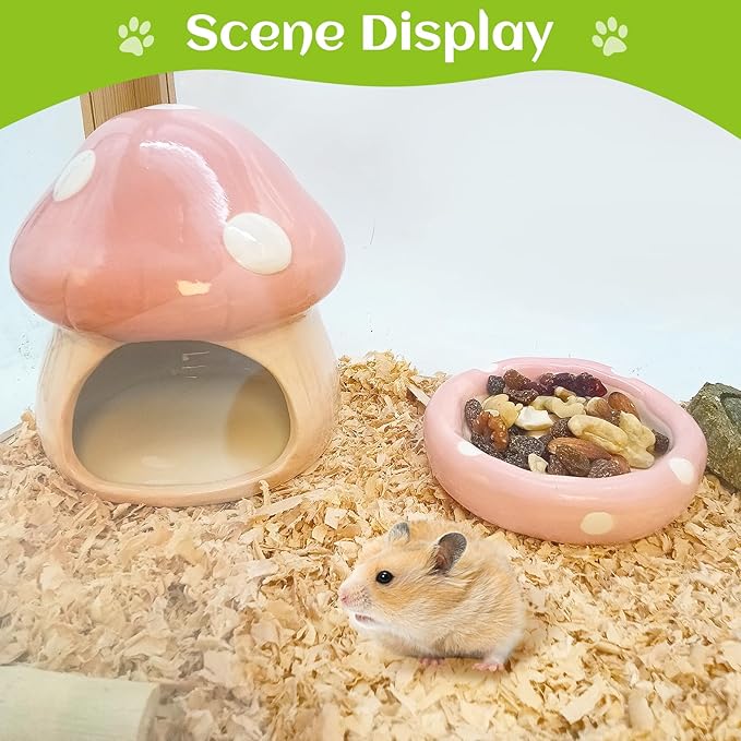 BNOSDM Ceramic Hamster Hideout and Food Bowl Set Cute Mushroom Shape Hamster House and Habitat Cool Hamsters Hide Suitable for Syrian, Mice, Dwarf Hamsters, Gerbils (Pink)