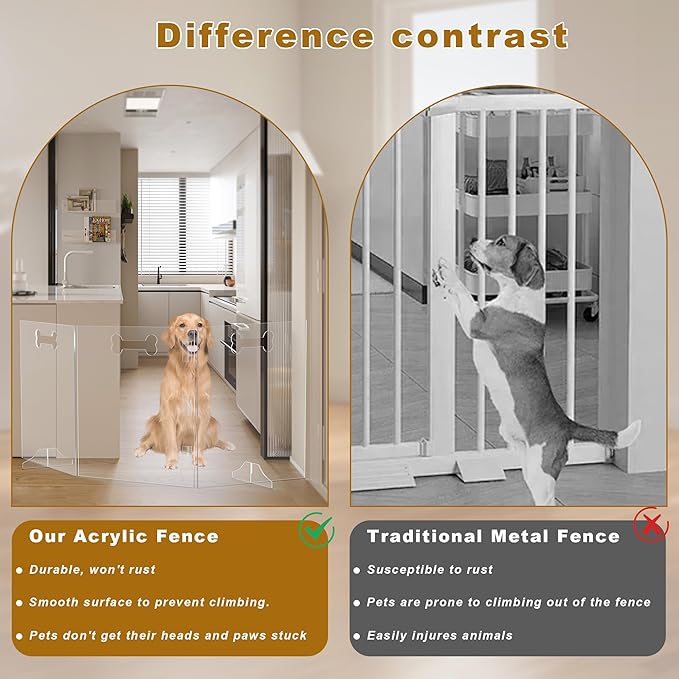 Clear Acrylic Dog Gate, 3 Panel 60" W x 24" H, Transparent Freestanding Pet Playpen Indoor, Foldable Pet Fence Barrier for Doorway with Handle/Support Feet