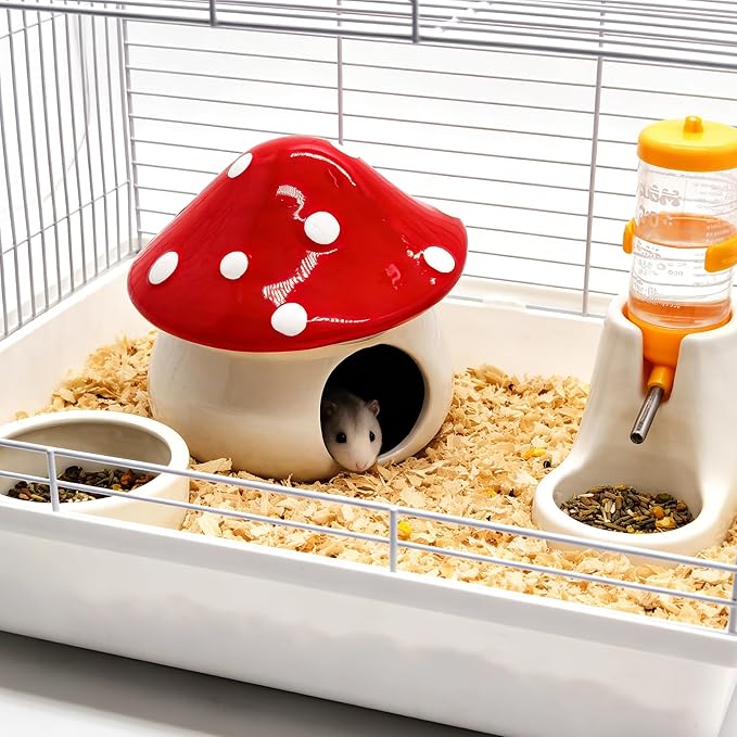 M2cbridge Ceramic Hamster House and Habitats Mushroom Gerbils Lemmings Small Pet (Red)