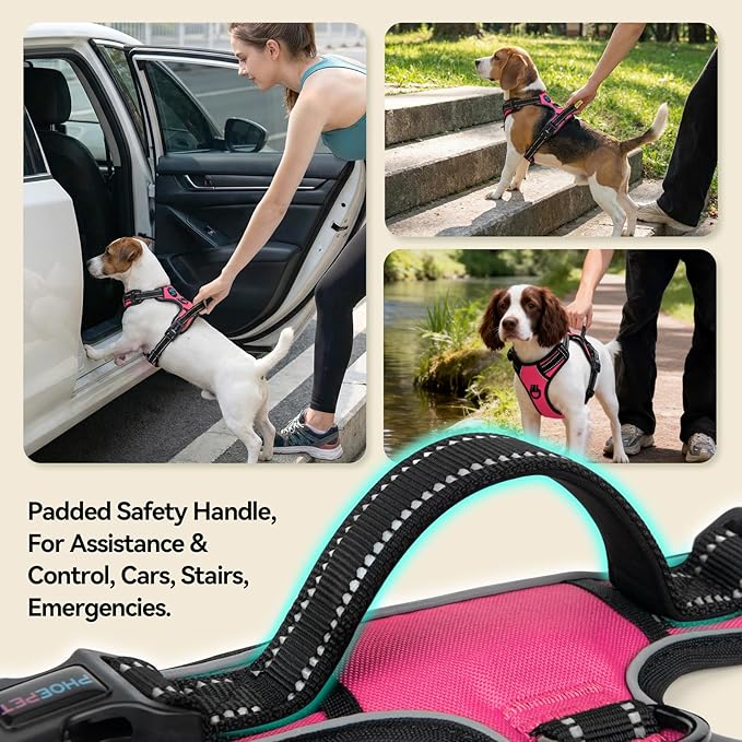 PHOEPET No Pull Dog Harnesses for Small Puppies Reflective Adjustable Front Clip Vest with 2 Metal Leash Attachment Hooks Soft Handle(S, Pink)