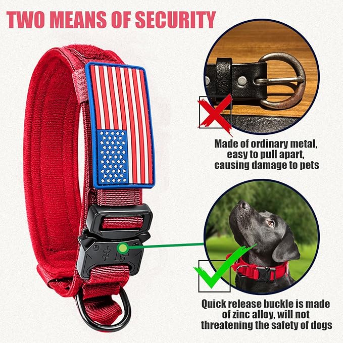 Celifelight Tactical Dog Collar and Bungee Leash,Military & Leash Set with USA American Flag Adjustable K9 Heavy Duty Metal Buckle Handle,with Patches Airtags Case (XL, Red(1PCS))
