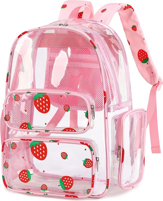 CAMTOP Clear Backpack Heavy Duty Transparent Bag See Through BookBag for Student School Work Festival Sport Travel (Clear Strawberry)