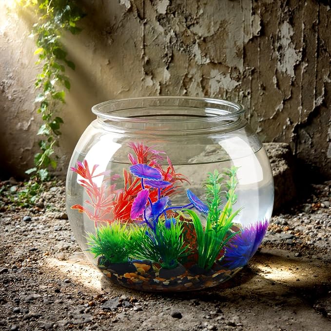 1 Gallon Plastic Betta Fish Bowl with 6 Pcs Artificial Plastic Plants and 500g Decorative Gravel, Betta Fish Tank and Decoration Accessories Small Large Bowl Ornaments Starter Kit
