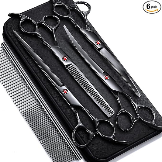Gimars 7.0in Professional 4CR Stainless Steel Safety Round Tip 6 in 1 Dog Grooming Scissors Heavy Duty Titanium Coated Pet Grooming Scissor for Dogs, Cats and Other Animals