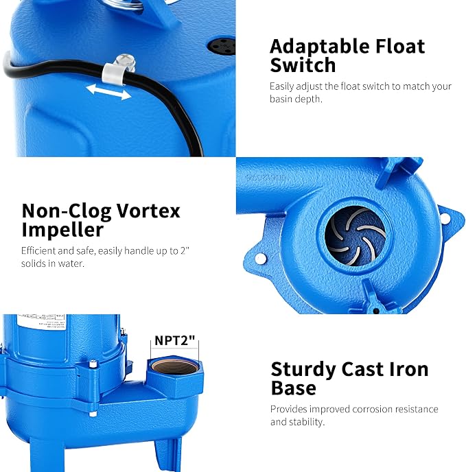 FOTING 1.5HP 9000GPH Sump Pump Submersible Sewage/Effluent Pump | Heavy Duty Cast Iron Automatic/Manual, 2'' NPT Discharge Septic Pump for Sump Basin/Residential/Sewage/Basement, Blue