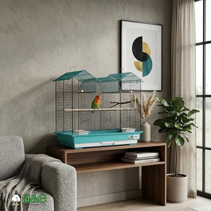 A&E Cage Co AE2614TT SP Blue Triple Top Bird Cage – 26" x 14" x 23" Decorative Small Bird Cage – Includes 2 Feeder Stations, 3 Wood Perches, Slide-Out Tray & Carry Handle (Teal)