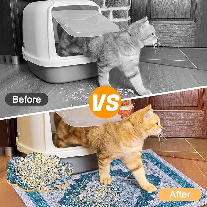 Glittme Cat Litter Mat with Non-Slip Bottom Litter Box Mat 24"X15" Litter Trapping Mat Easy to Clean Washable Cat Food Mat for Kitty,S