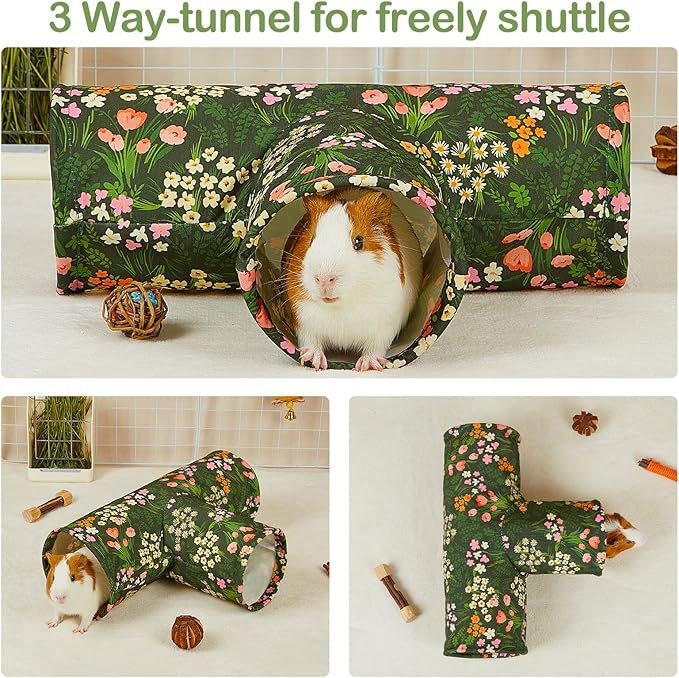 Bienbee Guinea Pig Tunnel, 3 Way Washable Guinea Pig Hideout,Foldable Rabbit Tunnel Guinea Pigs Toys for Bunny Hamster Chinchilla Ferret Rabbit Guinea Pigs Accessories Green Flower