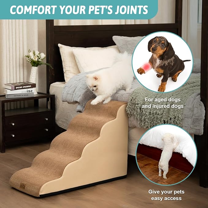 COZY KISS Dog Stairs for High Bed 22.6" H, Small Dog Step for Puppy, Older or Cat, Curved Ramp for Car, Ladder with High Density Foam, Lightweight, Durable, 5 Step, 15.7x33x22.6 inch, Light Brown