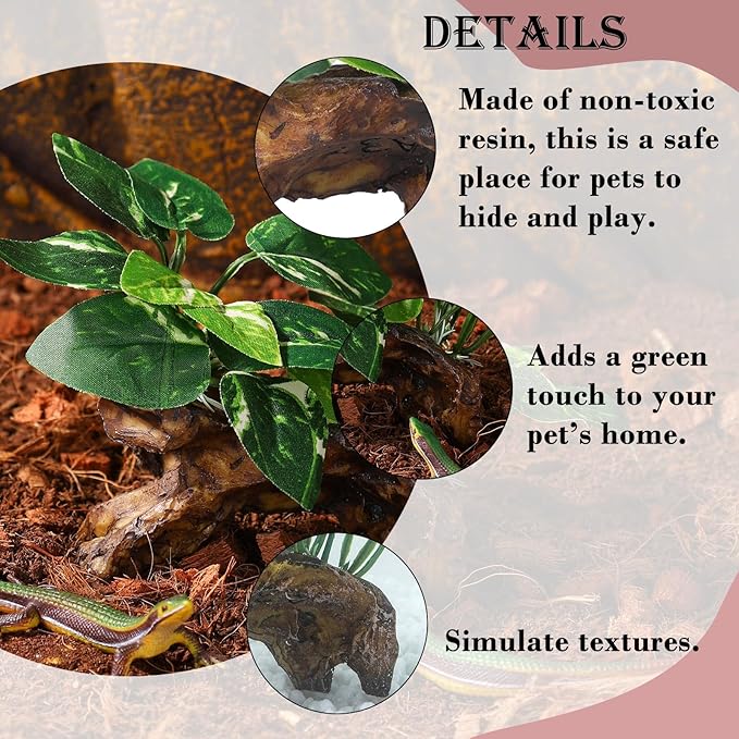 2 Pack Artificial Aquarium Ornaments Silk Leaf Betta Fish Tank Decoration Driftwood Cave Decor for Reptiles Plants Driftwood Accessories