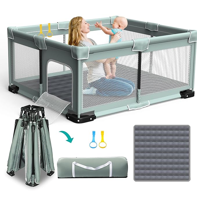 ICAREWAY Foldable Playpen for Babies and Toddlers, 71"x59" Inches Portable Playpen with Mat, Kids Collapsible Play Pen with 2 Handlers, Indoor & Outdoor Baby Play Area with Visible Mesh (Light Green)