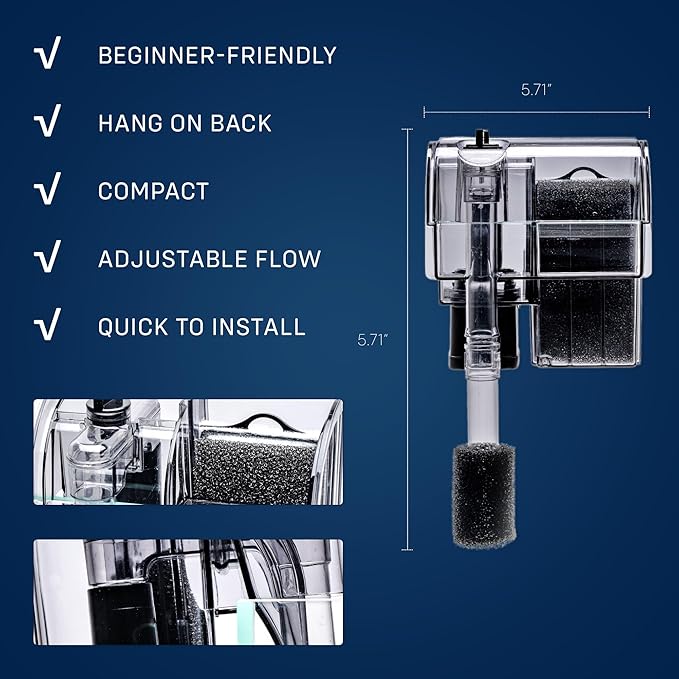 Mighty Aquarium Hang On Back Filter - Aquarium HOB Filter - Adjustable Fish Tank Filter - Aquarium Filters - Nano Aquarium Filter - Fish Aquarium Filter - Hang On Back Aquarium Filter (10-16 Gallons)