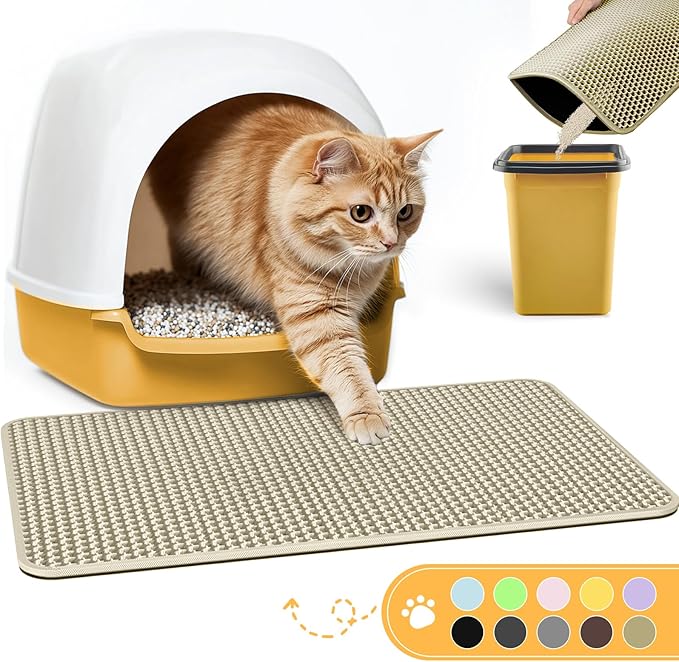 Cat Litter Mat - 30'' x 24'' Large Litter Trapping Mat, Easy to Clean Litter Box Mat, Waterproof, Urine-Proof, Non-Slip Kitty Litter Mats for Floor, Beige